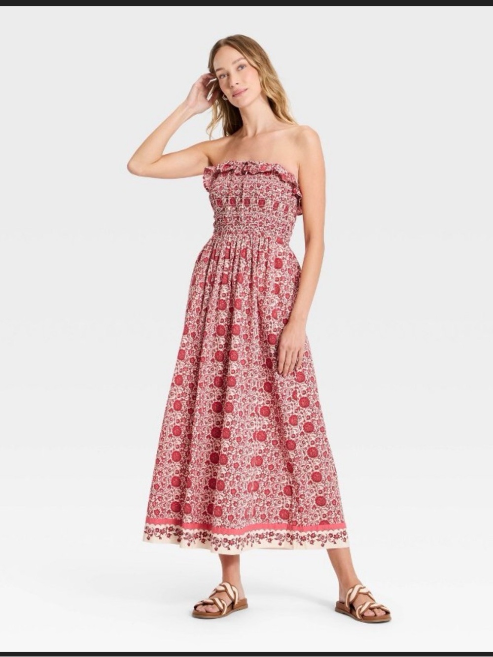 Universal Thread Strapless Smocked Maxi Dress in Red Floral